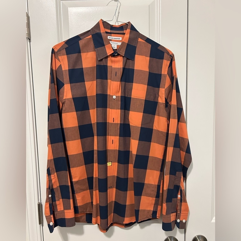 Amazon Essentials Men’s Orange & Navy Plaid Shirt Size Medium | Slim Fit